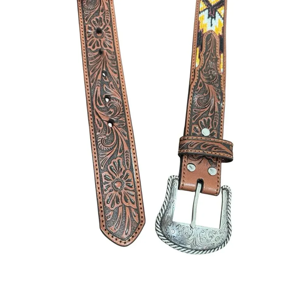 Nocona Beaded Western Leather Belt Tooled Floral Silver Buckle Size 38 N2499308